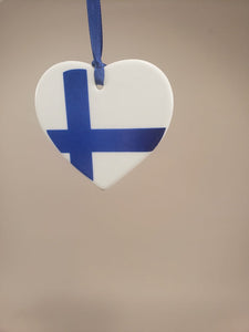 17195-04 Porcelain Heart Ornament: Finnish Flag, 3"