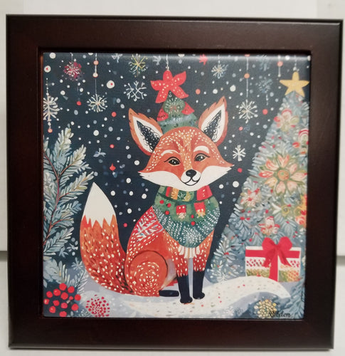 17310-00 Framed Tile: Xmas Fox