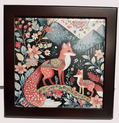 17311-00 Framed Tile: Fox Family