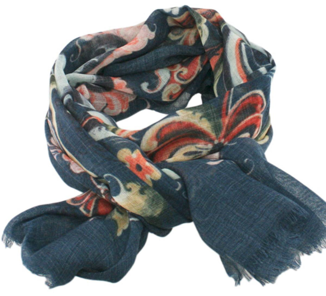 80478-01 Blue Rosemaling Scarf, 100% Wool